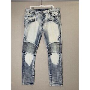 Smoke Rise Jeans Mens 40x34 (32) Blue Slim Tapered Acid Wash Skater Whiskers